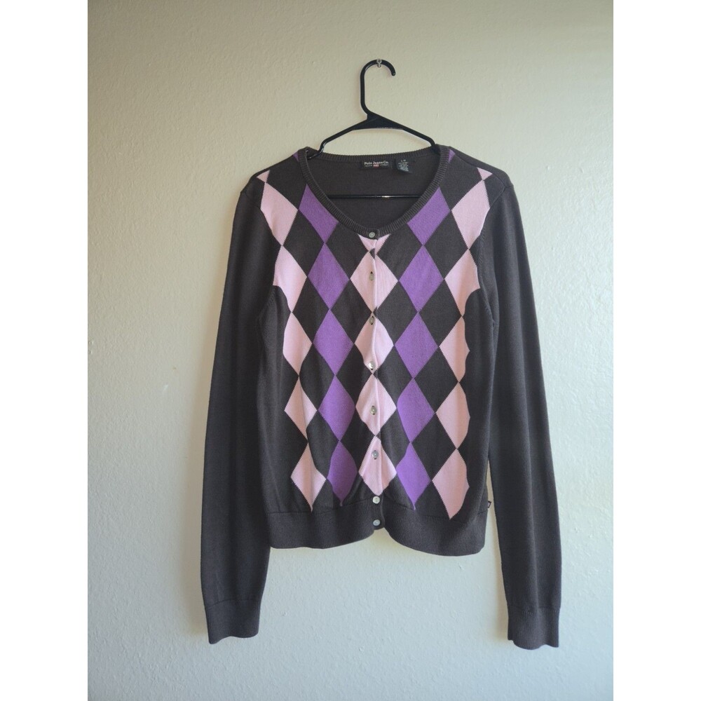 Polo Jeans Co Ralph Lauren Argyle Cardigan Sweater Womens L Brown Pink PurpleY2K